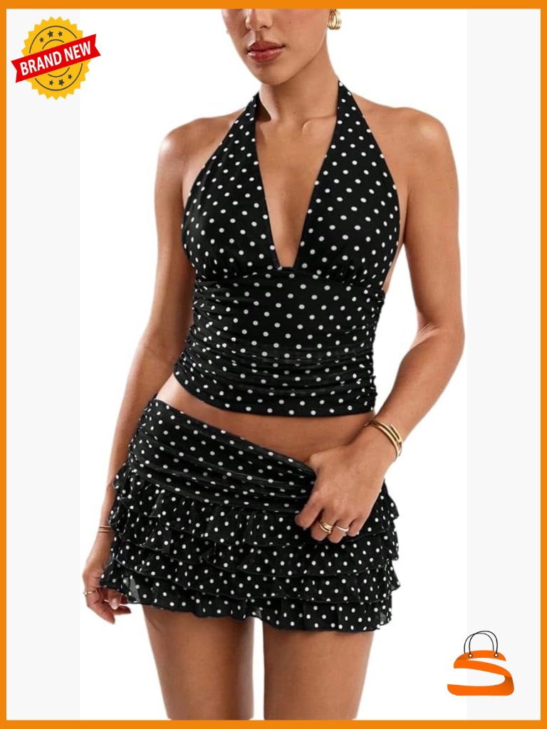 Polka Dot 2 Piece Skirt Set Halter Top Ruffle Mini Skirt Vacation Outfit